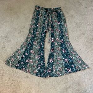 Free People Bali Sultry Bohemian Belted Flare Pants Wide-Leg Patchwork Floral